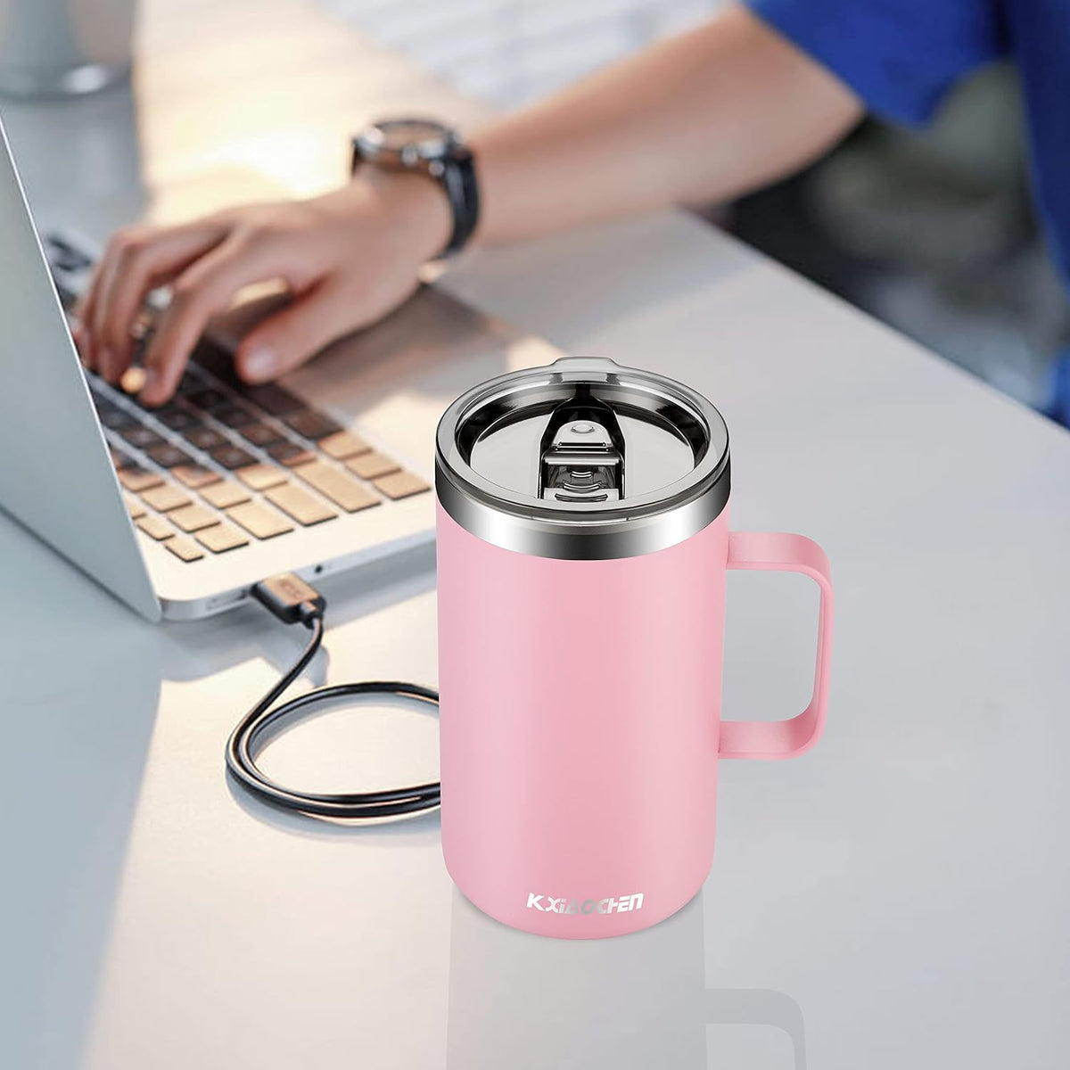 KXIAOCHEN 20oz Insulated Coffee Mug with Lid, Stainless Steel Coffee Cup, Double Wall Vacuum Coffee Tumbler with Handle, Premium Thermal Travel Coffee Mug (Pink)