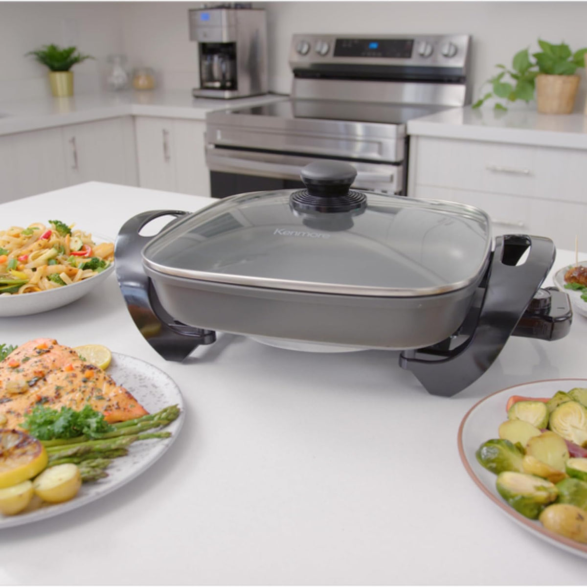 Kenmore Electric Skillet - Nonstick Frying Pan With Removable Glass Lid, Grill, Saute, Roast Chicken, Cook Pancake, 12x12" Temperature Control Easy Clean Countertop Kitchen Appliance