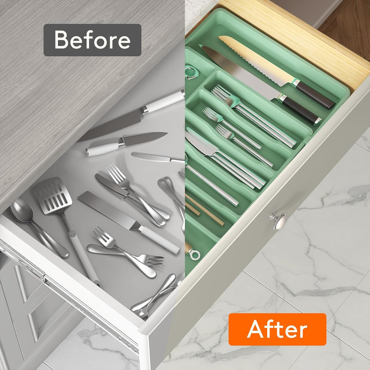 Lifewit Silverware Drawer Organizer, Expandable Utensil Tray for Kitchen, BPA Free Flatware and Cutlery Holder, Adjustable Plastic Storage for Spoons Forks Knives, Large, Green
