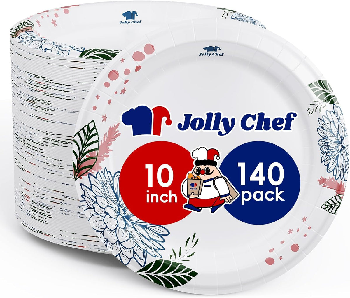 JOLLY CHEF 𝟭𝟰𝟬 𝗖𝗼𝘂𝗻𝘁 𝗣𝗮𝗽𝗲𝗿 𝗣𝗹𝗮𝘁𝗲𝘀 𝟭𝟬 𝗶𝗻𝗰𝗵 Soak Proof, Cut Proof, Heavy Duty Flower Printed Disposable Paper Plates for Everyday Use
