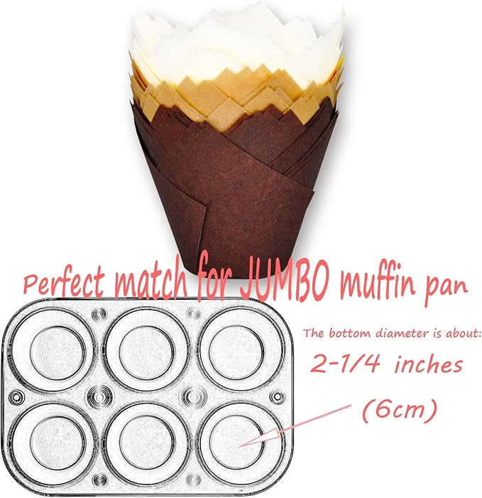 (JUMBO EXTRA LARGE size) Natural+Brown+White Tulip Baking Cups 2-1/4"(Base diameter) x 3-3/4"(Wall height) Greaseproof paper baking cupcake Muffin liners, Case of 130 pcs