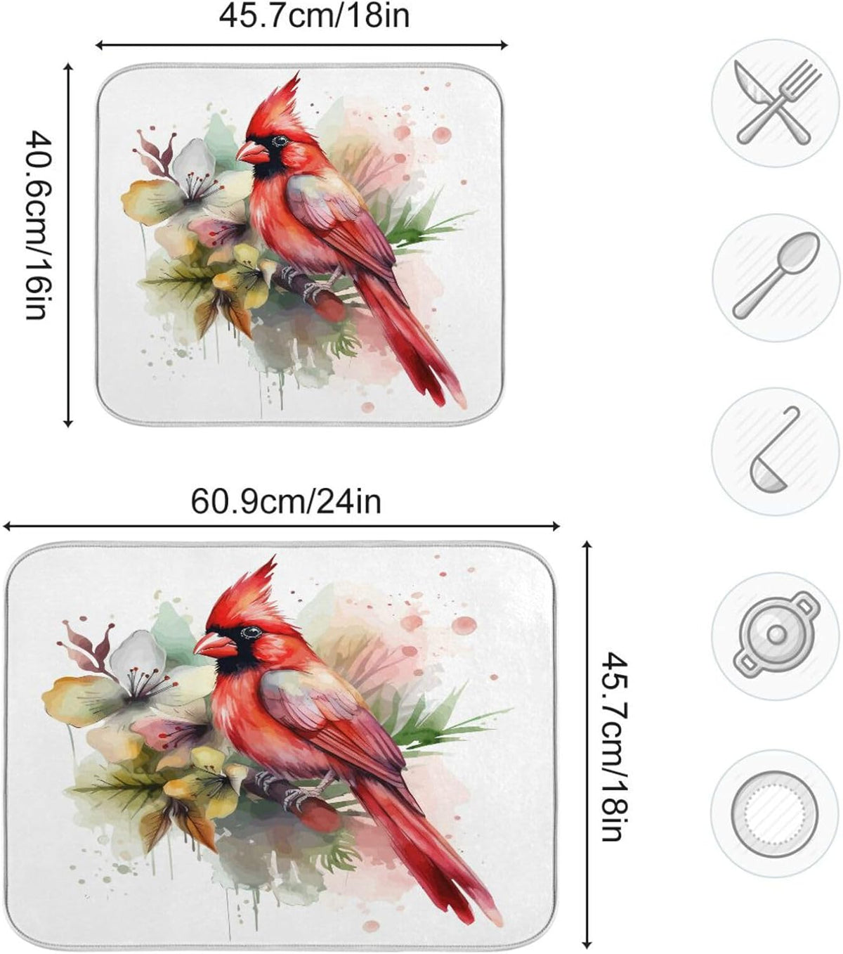 Cute Cardinal Christmas Dish Drying Mat for Kitchen Counter Absorbent Microfiber Drying Pad, Large 18x24 in, Reversible Drainer Mats