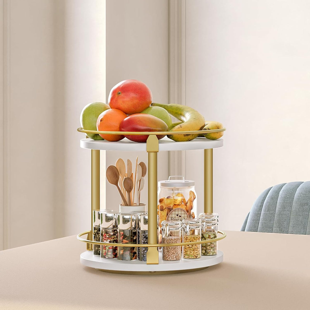 Lazy Susan Organizer, Rotating Spice Rack, 2 Tier Spice Turntable Organizer, Industrial Turntable Spice Holder, for Kitchen Countertop and Cabinet, Compact and Versatile, White and Gold SR22DW
