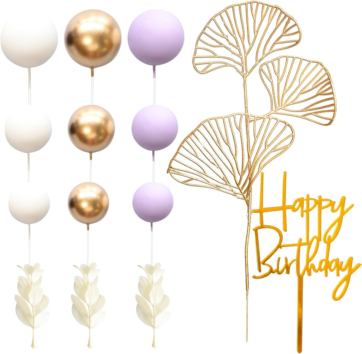 Gyufise 57Pcs Balls Cake Topper Boho Grass Cake topper Pearl Balls Acrylic Happy Birthday Cake Decorations for Wedding Baby Shower Birthday Boho Themed Party Supplies Purple