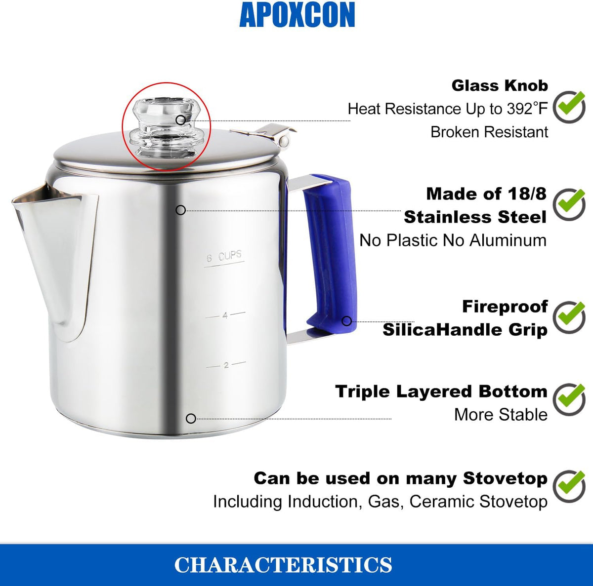 Multi Use Percolator Coffee Pot Stainless Steel Stove Top Coffee Maker with Two Tough Borosilicate Glass Knob Silica Handle Camping Coffee Pot Using on Campfire Stove & Induction Cooker Silver 6 Cup