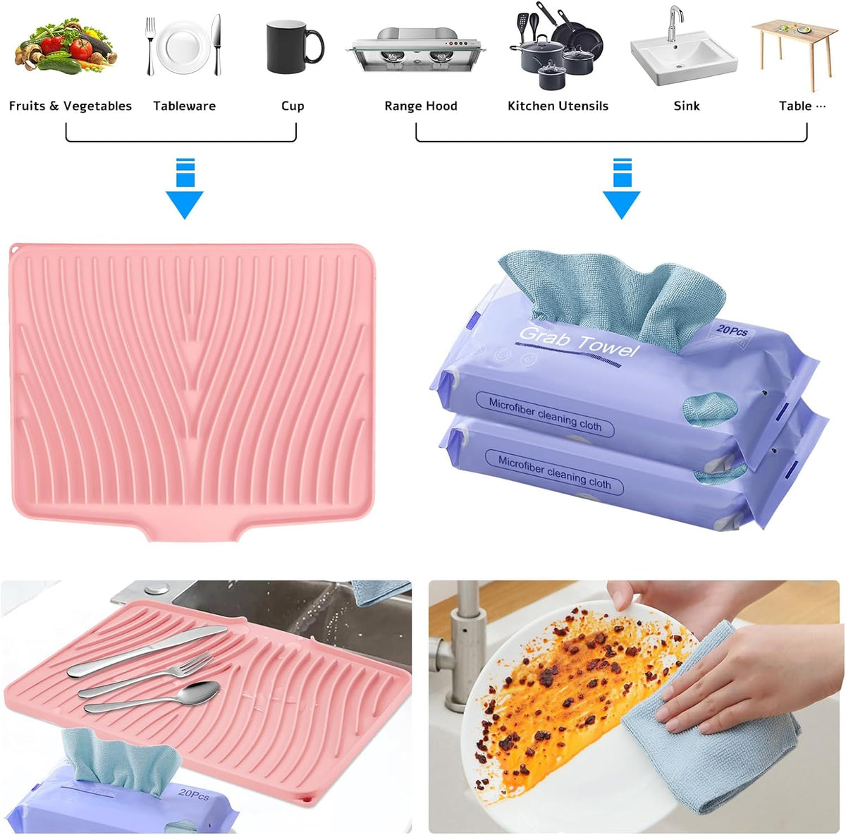 Silicone Dish Drying Mat, Stone Drying Mat for Kitchen Counter with Built-in Drain, Non-Slip 15.8" X 13" Drying Matt Kitchen Counter and Grey Microfiber Cleaning Cloth, Cleaning Rags Set(Pink)