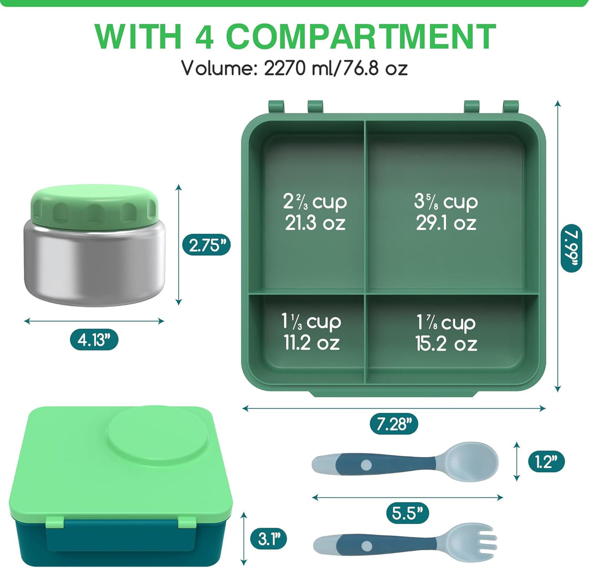 Bento Box for Kids - Leak-Proof Lunch Box with Insulated Thermos Food Jar - 4 Compartments, 1 Removable Divider, 1Spoon, 1 Fork - Dishwasher Safe, BPA-Free (Green)