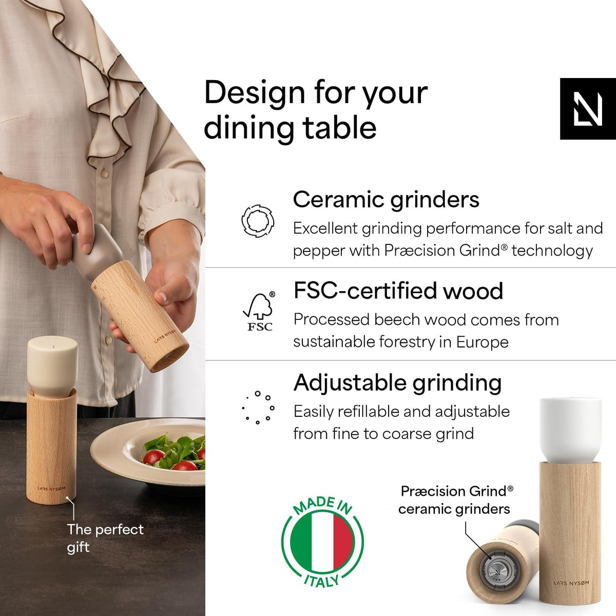 LARS NYSØM Wooden Salt and Pepper Grinder Set Manual with Tray - Salt and Pepper Mills with Adjustable Ceramic Grinder - Elegant Beechwood Pepper and Salt Mill Set for Dining Table (Black/White)