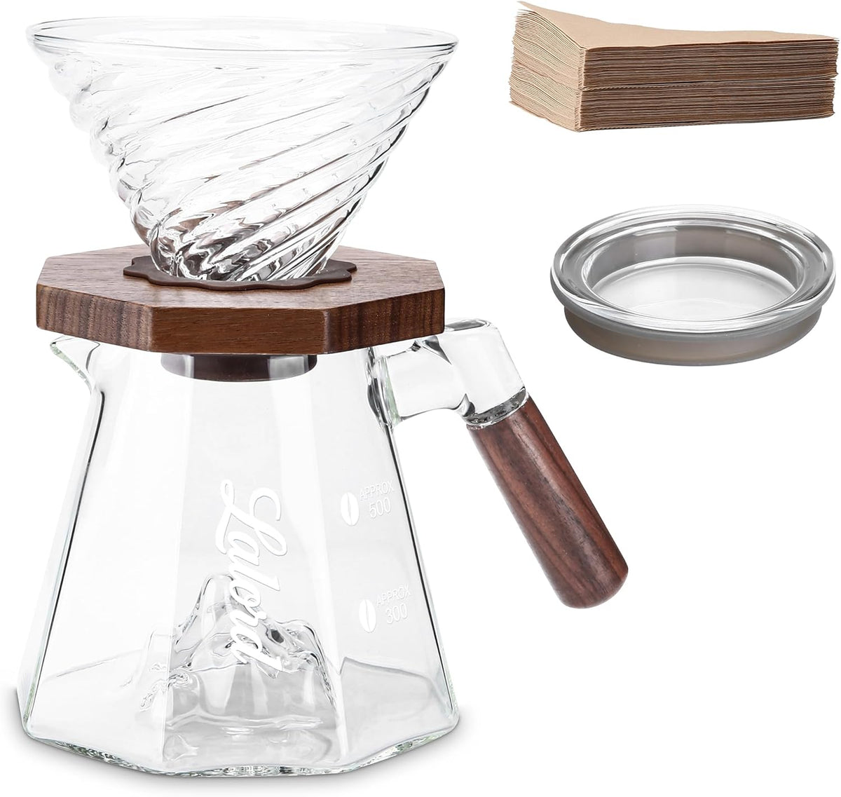 Pour Over Coffee Maker, 20 oz Borosilicate Glass Set with 100 pcs V60 Paper Filter, Walnut Collar & Glass Lid, Drip Coffee Maker, 1-3 Cups, Clear (B-600 ml Set)