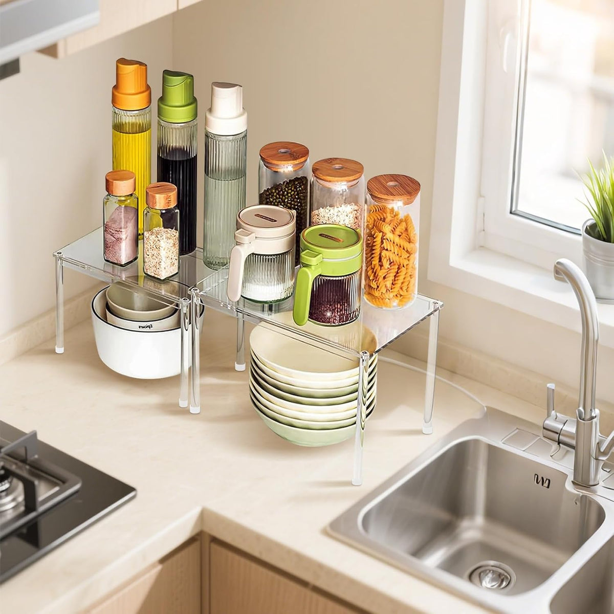 Acrylic Cabinet Organizers : 4Pcs Spice Rack Organizer for Cabinet, Pantry Kitchen Organizers and Storage, Countertop Desk Shelves Displays Organizer Displays, Stackable Shelves House Essentials