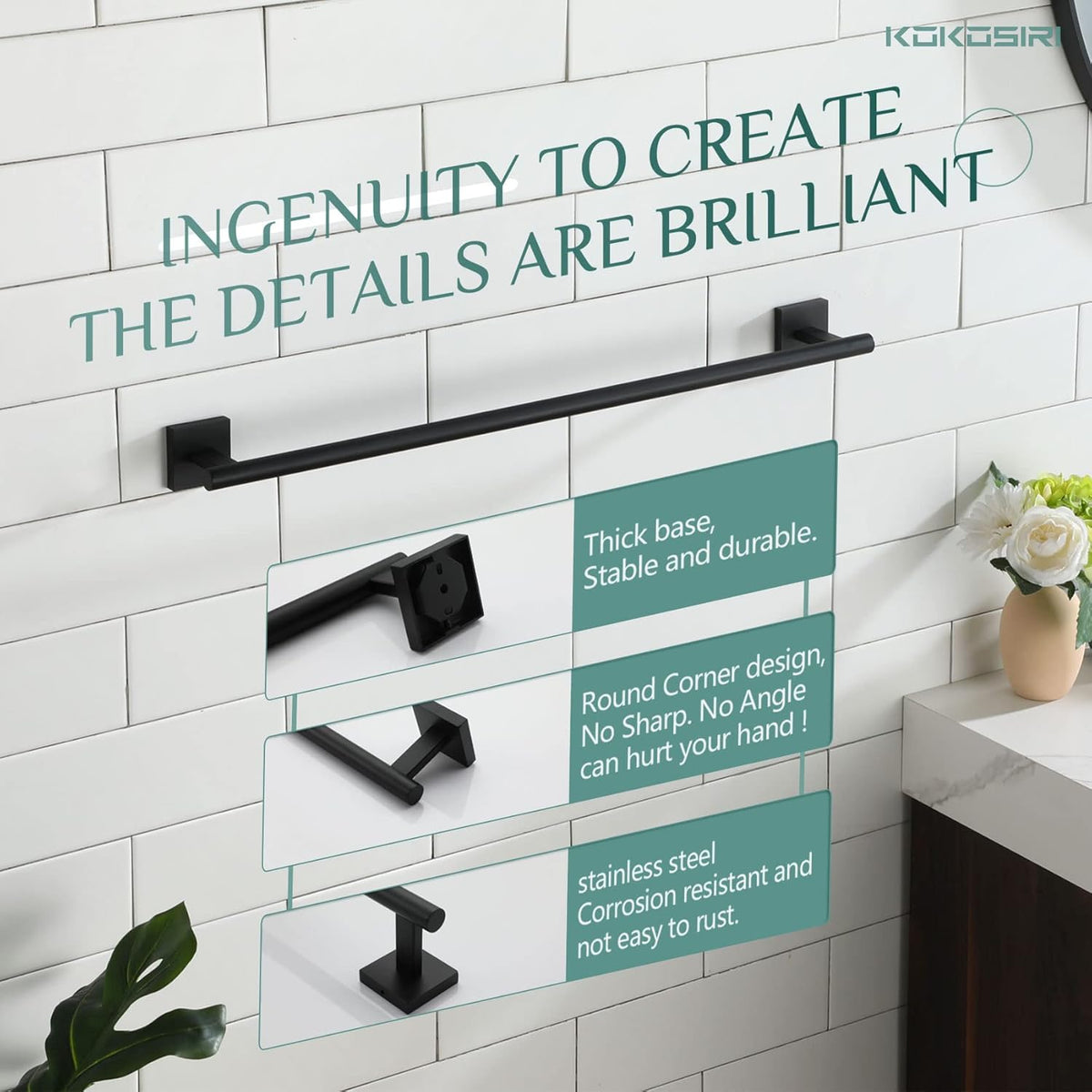 KOKOSIRI Towel Rail Bathroom Towel Bars Matte Black 20 Inch Towel Holder for Bath Cabinet Kitchen Wall Mount Stainless Steel B4005BK-L20