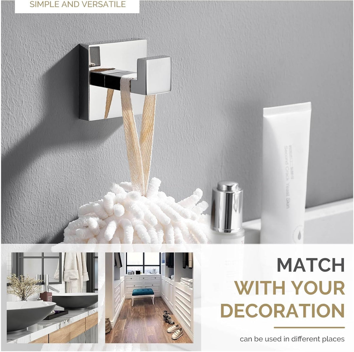 Angle Simple Towel Hook for Bathroom, SUS 304 Stainless Steel Shower Bath Towel Robe Hanger, Wall Coat Hook, Polished Chrome
