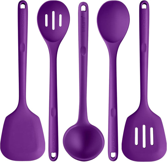 Silicone Kitchen Cooking Utensil Set: U-Taste 600ºF Heat Resistant 13.6in Extra Long Kitchen Tools, Food-Grade Non-Stick Spatula Turner Spoon Ladle for Stir Frying, Serving, Mixing (5 Pieces, Purple)