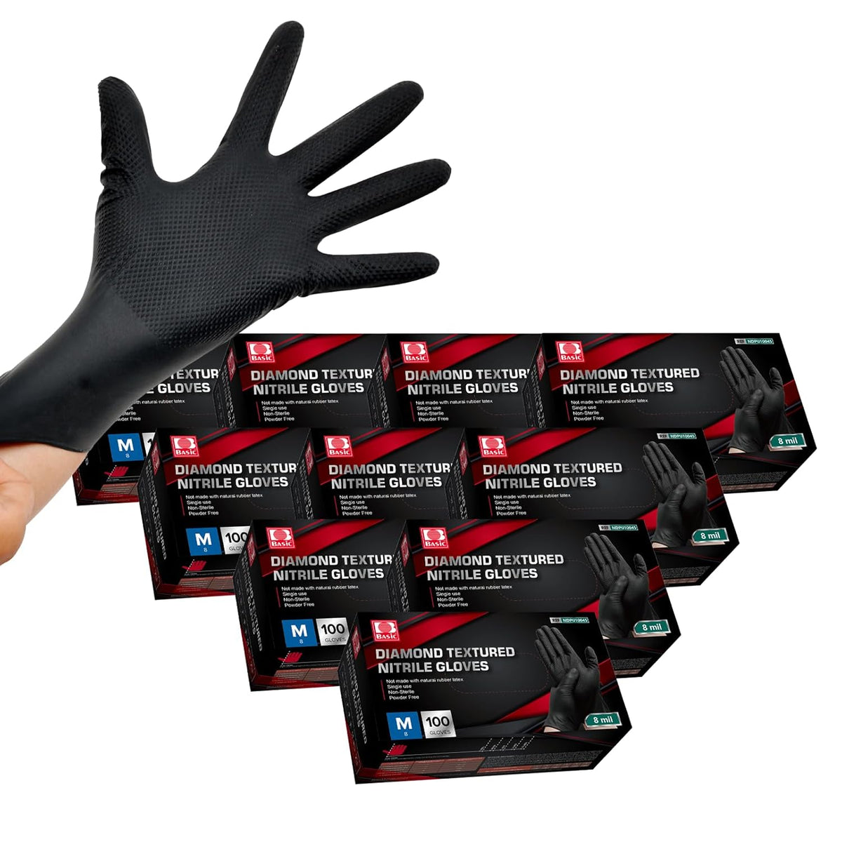 Jointown Basic Heavy Duty Nitrile Gloves, Mechanic Gloves 8 Mil Nitrile Disposable, with Raised Diamond Texture, Case of 1000, Black, Medium