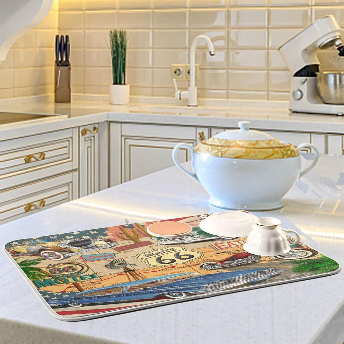 senya Super Absorbent Dish Drying Mat, Microfiber Fast-Drying Dish Mat, 24'' x 18'', Kitchen Dish Drying Pad, Retro Route 66 Poster, (g289343280p523c558s1114)