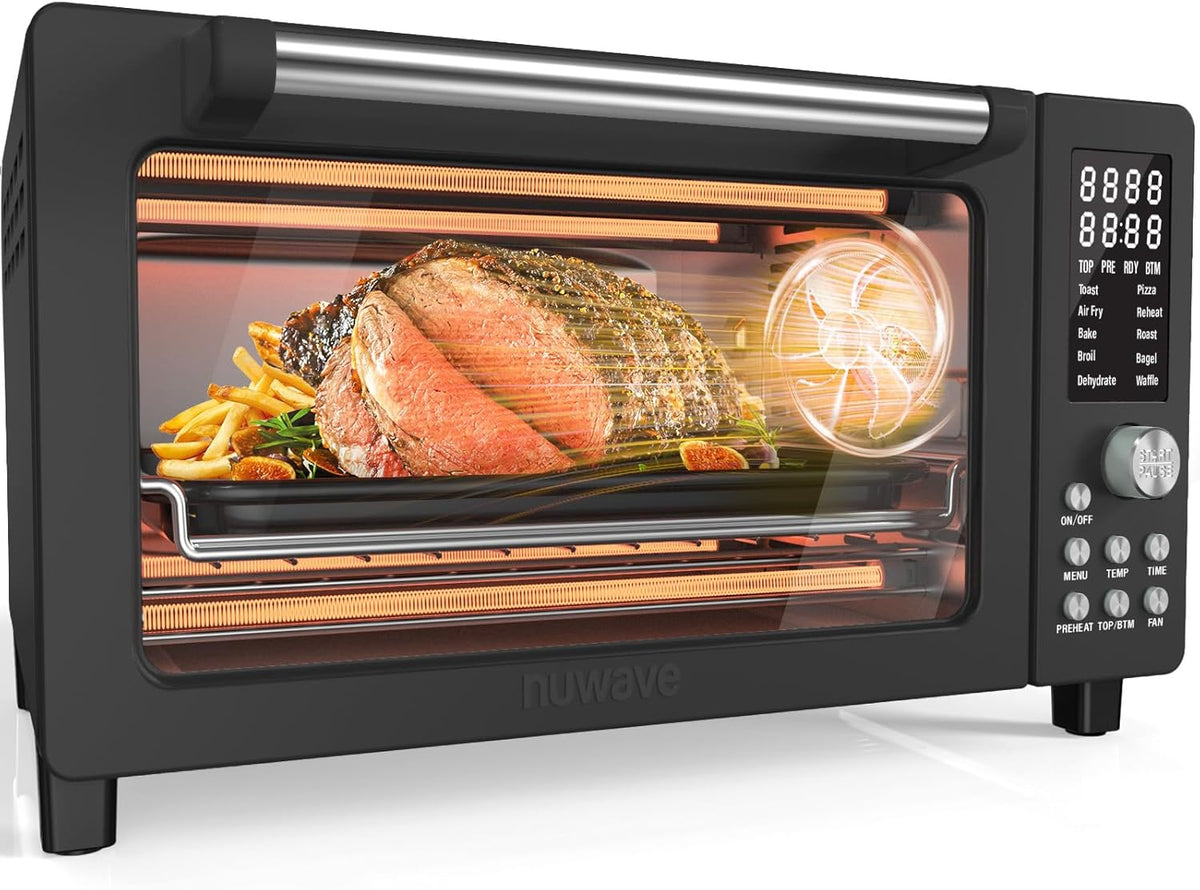 Nuwave Bravo Pro Smart Air Fryer Toaster Oven Combo, Airfryer Convection Oven Countertop, 12-in-1 Functions with Quicker & Even Crisp Technology, 1800W, 50-450°F, PFAS-Free, 21QT, Black
