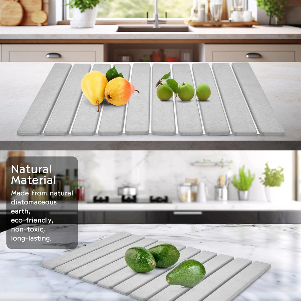 Stone Drying Mat for Kitchen Counter, Stone Dish Drying Mat Foldable, Super Absorbent Diatomaceous Earth Quick-drying Draining Mat for any Kitchen Countertop (Medium Gray B, 23.6”x15.4”)