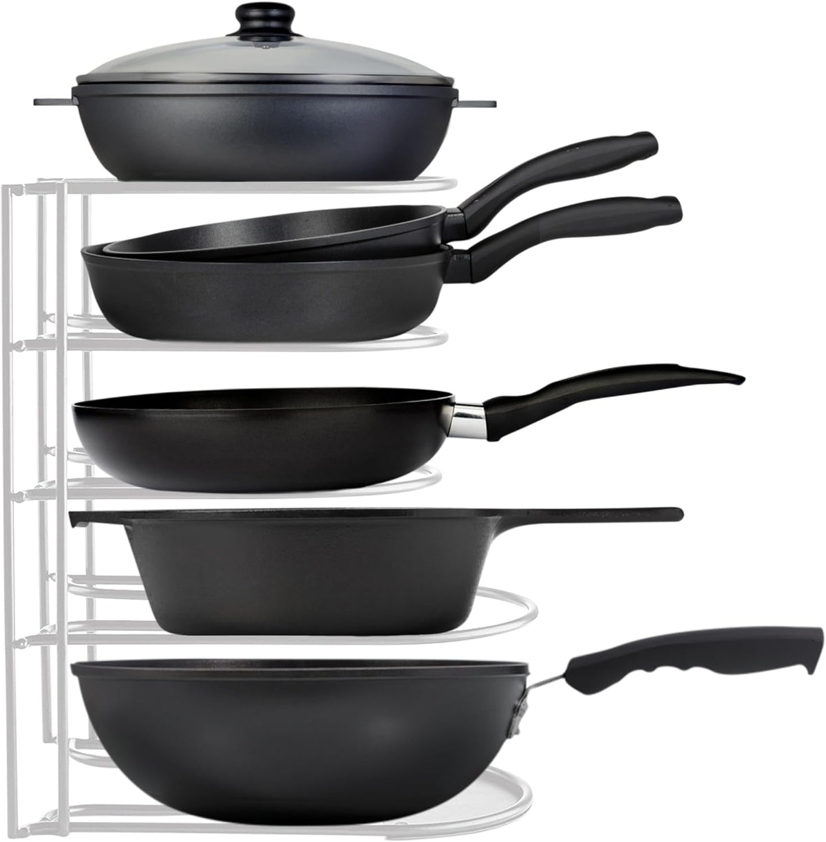 Heavy-Duty Pots and Pans Organizer | 5-Tier Cookware & Lid Storage Rack | Free-Standing or Wall-Mount | Kitchen Organizer for Cast Iron Skillets, Pots, Frying Pans, Lids | White