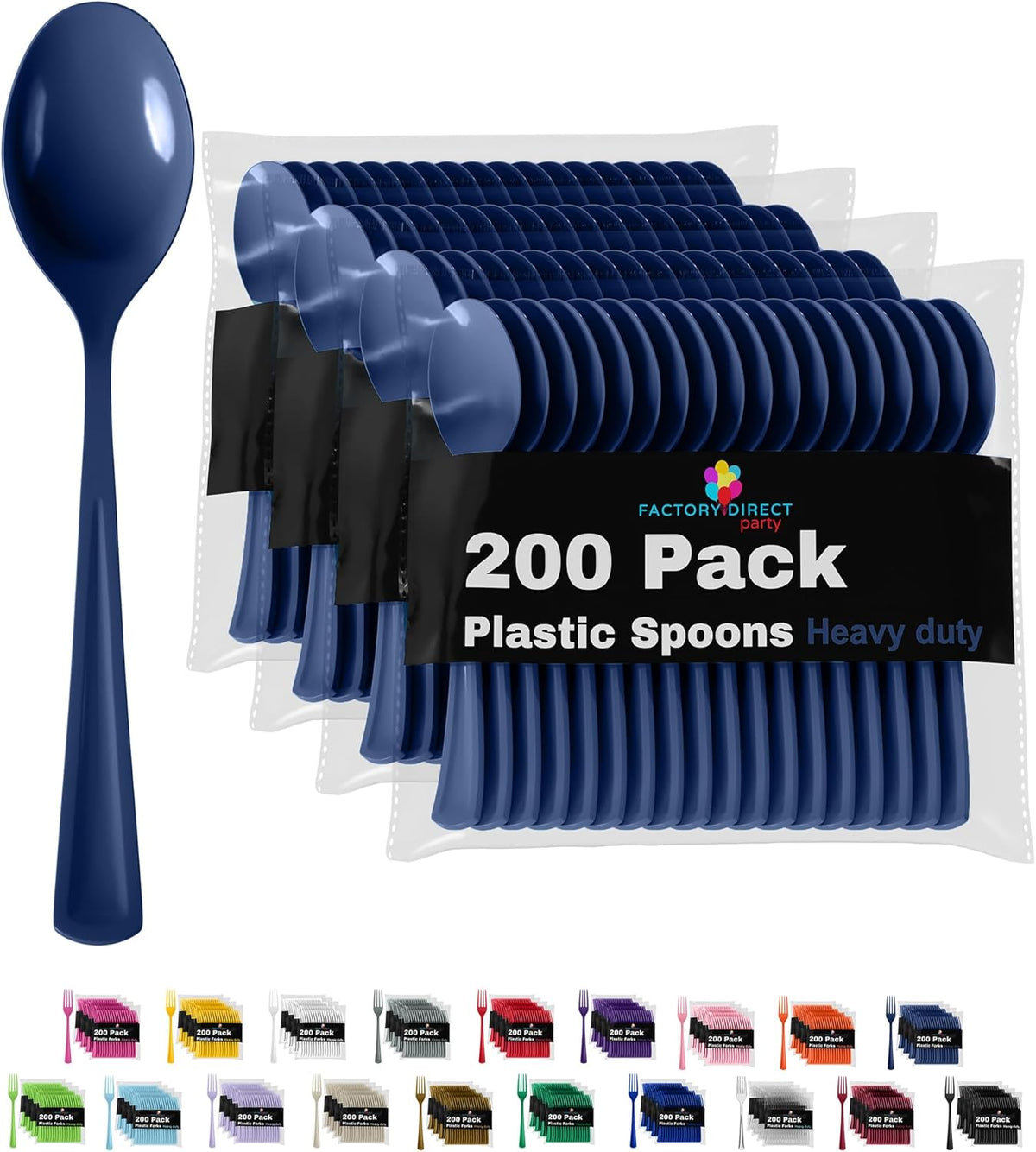 Heavy Duty Plastic Cutlery - 200 Pcs, Disposable Navy Plastic Spoons, Flatware, Silverware
