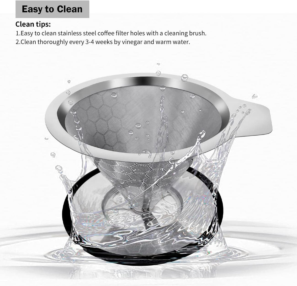 LHS Pour Over Coffee Dripper Reusable Coffee Filter Metal Cone Filter Paperless Coffee Filter Stainless Steel Pour Over Coffee Maker Single Cup Brew Coffee Filter, Double Mesh