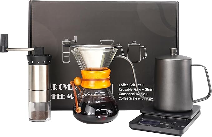 SuperCook Pour Over Coffee Kit, Coffee Maker Set, All in One Hand Drip Coffee Set, Coffee Grinder Manual Set, Ideal for Anniversary Birthday Gift
