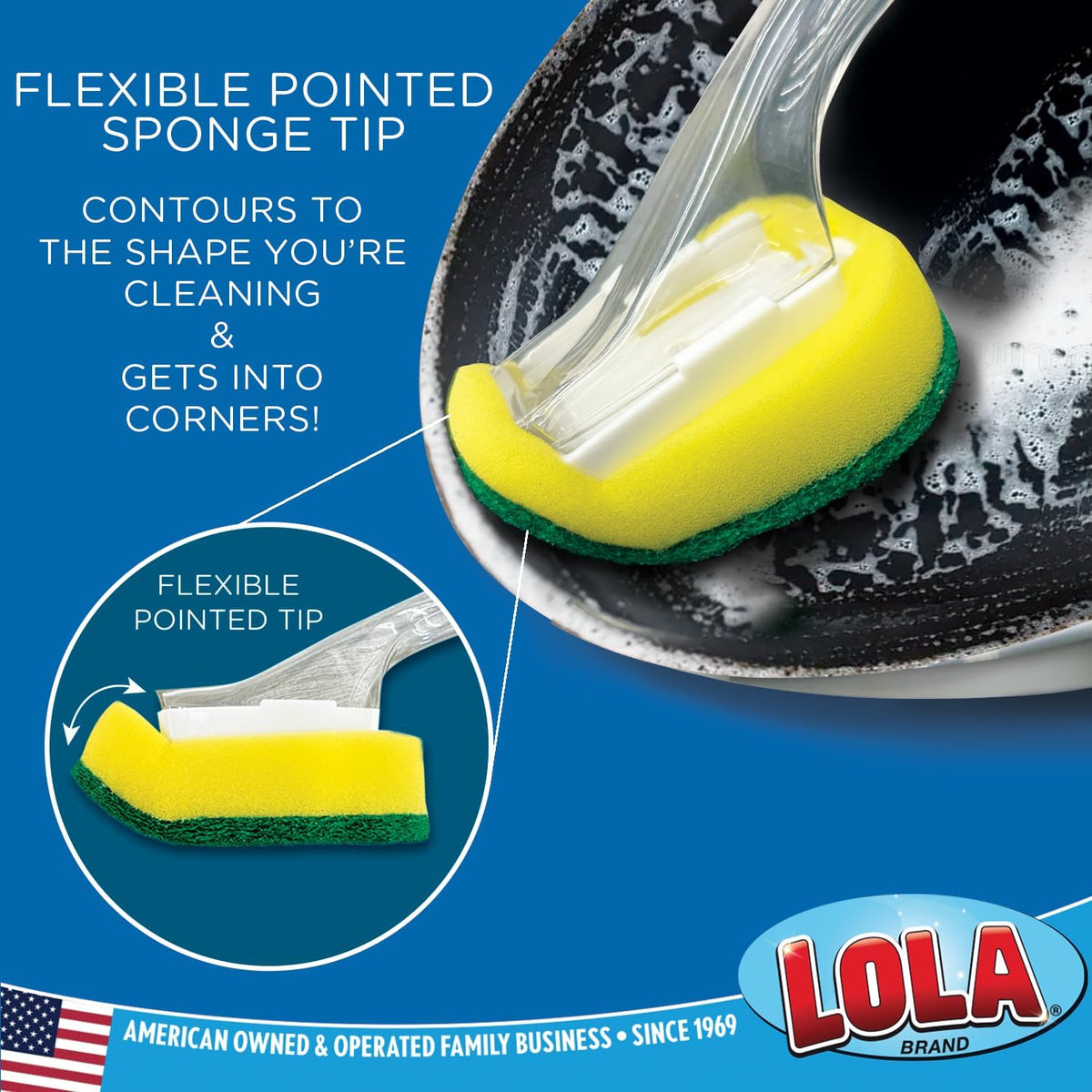 Lola Products Soap Dispenser Dish Brush Wand, Absorbent Sponge Scrubber, No Leaking. Clean Dishes, Sinks and Cookware, 1 Brush w/Head