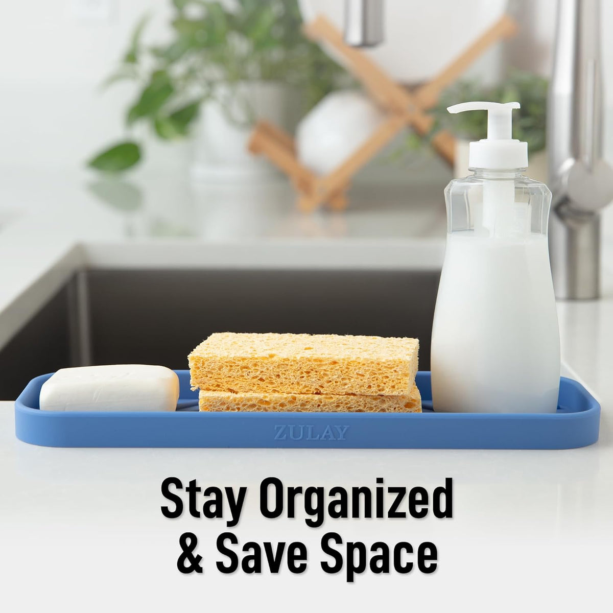 Zulay Kitchen Large Silicone Sponge Holder (12x4) – Flexible Sink Organizer Tray for Kitchen & Bathroom – Multipurpose Soap Dish for Sponges, Makeup, Trinkets & More (Provence Blue)