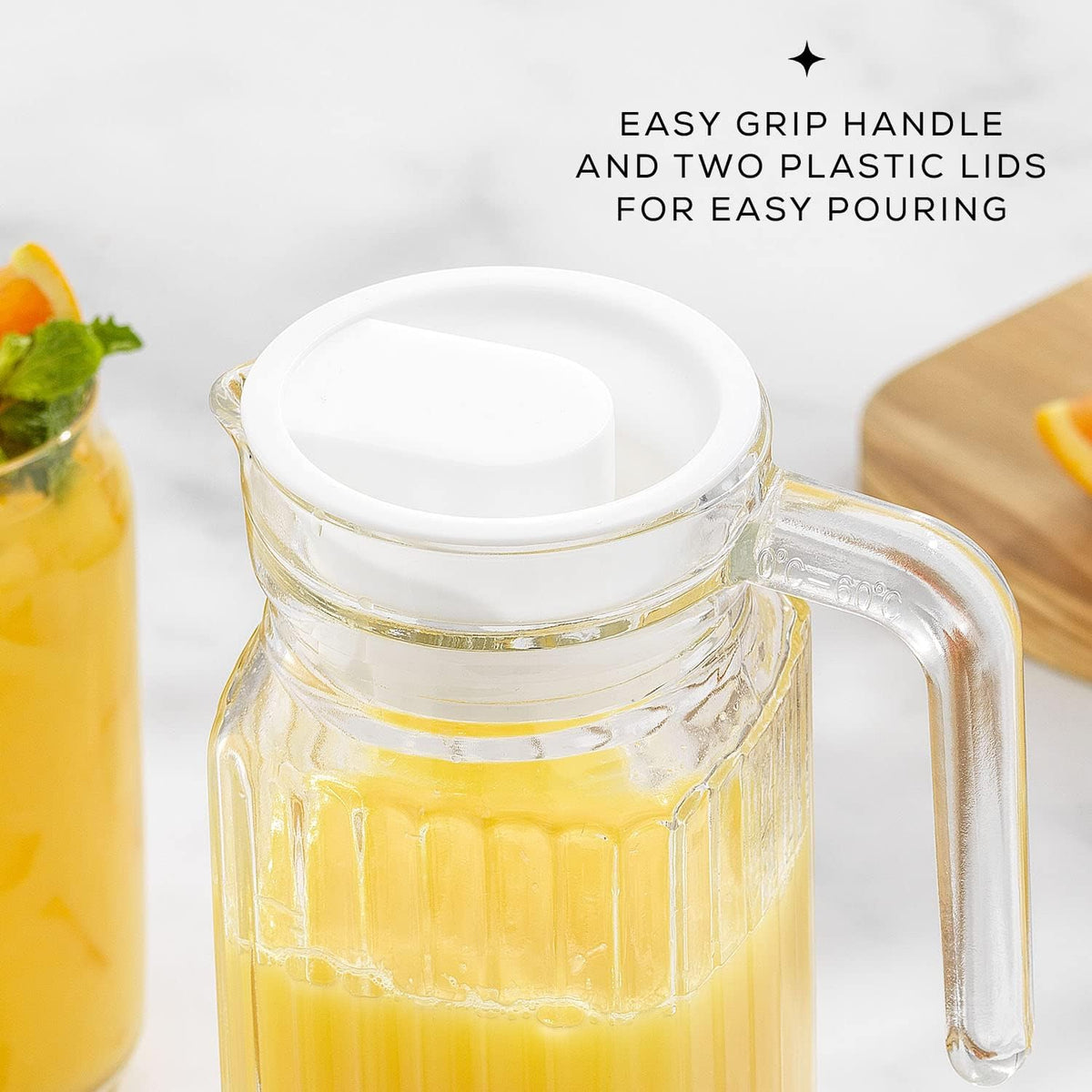 40oz Glass Pitcher with Lid (2 Lids) - Beverage Serveware, Storage Container and Carafe for Cold Drinks and Liquids. Glass Water Pitcher also for Juice, Bedside Carafe, Sun Tea Jar
