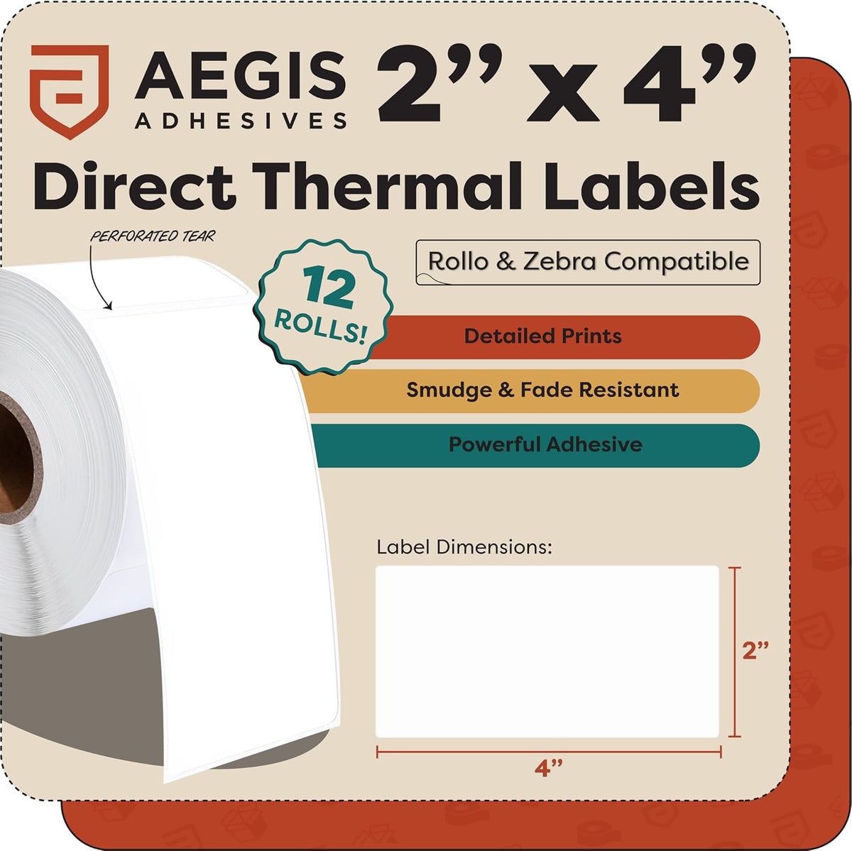 Aegis Adhesives - 2” X 4” Direct Thermal Labels for Shipping & Postage, Perforated & Compatible with Rollo, Zebra, & Other Desktop Label Printers (12 Rolls, 350/Roll)