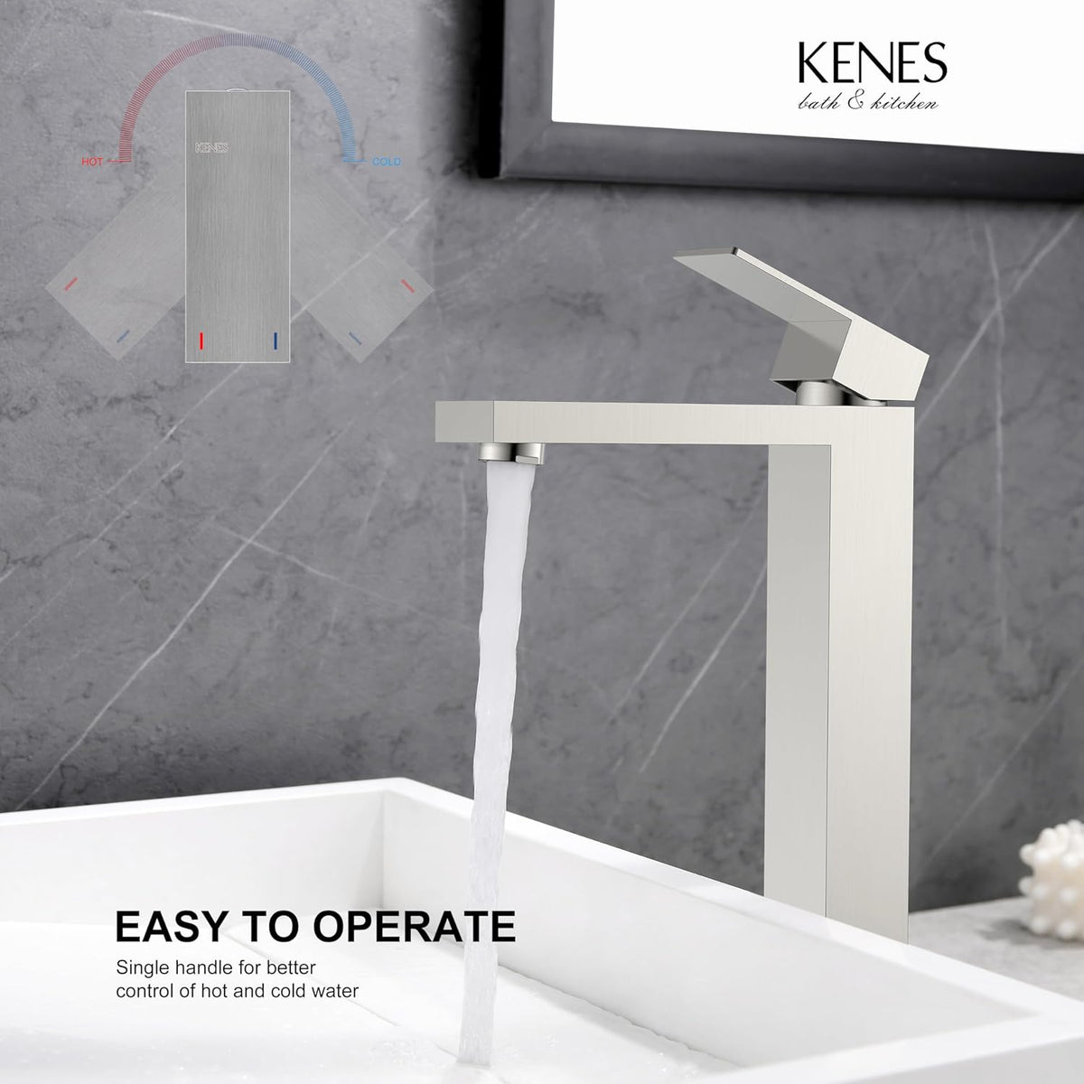 KENES Brushed Nickel Vessel Sink Facuet Single Handle Tall Bathroom Sink Faucet Vanity Bathroom Faucet Basin Mixer Tap with Water Supply Hose and Pop Up Sink Drain, LJ-9031A