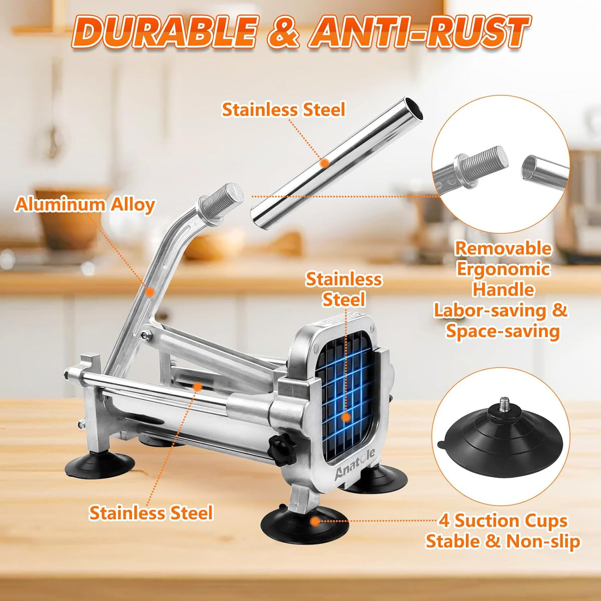 Anatole Professional French Fry Cutter Stainless Steel with 1/2'' Blade Manual Potato Slicer Veggie Chopper Homestyle Dicer for Onions Carrots Cucumbers