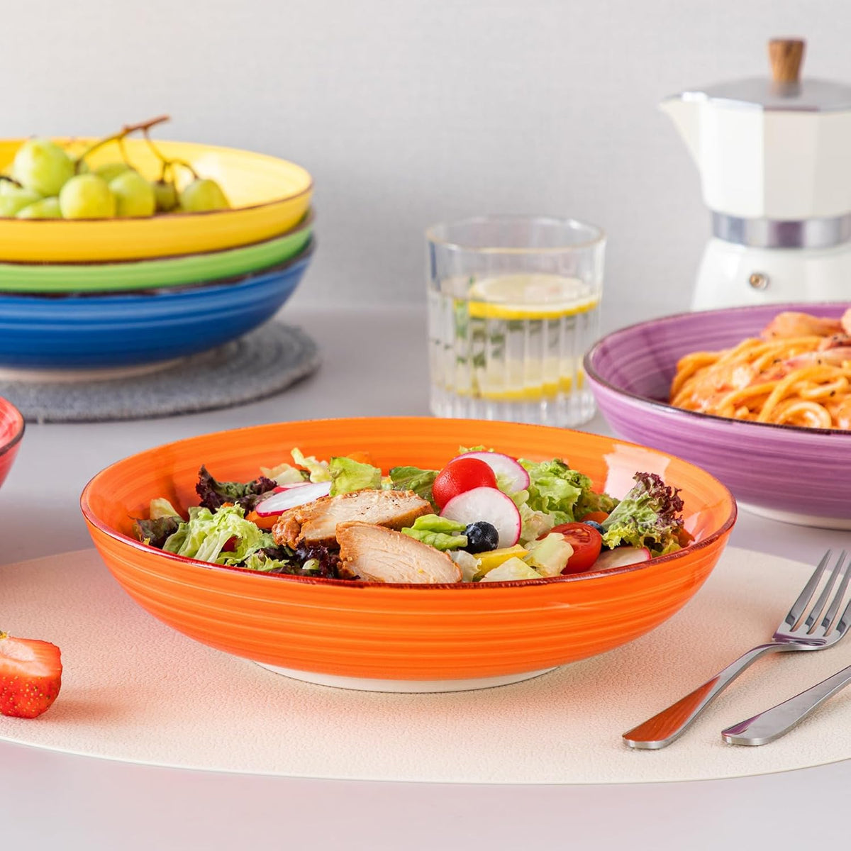 vancasso Bonita Pasta Bowls Set of 6, 50oz Large Salad Bowls for Kitchen, Corlorful Stoneware Serving Bowls Dishwasher & Microwave Safe