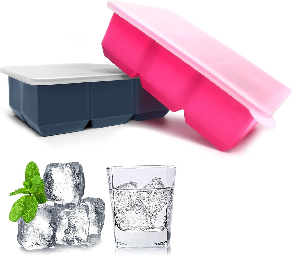 Silicone Ice Cube Trays with Lids,Large Square Ice Cube Molds for Freezer, Whiskey, Cocktail, Stackable Flexible and Reusable & Easy Release BPA Free (2 Pack&Dark Gray and Rose)