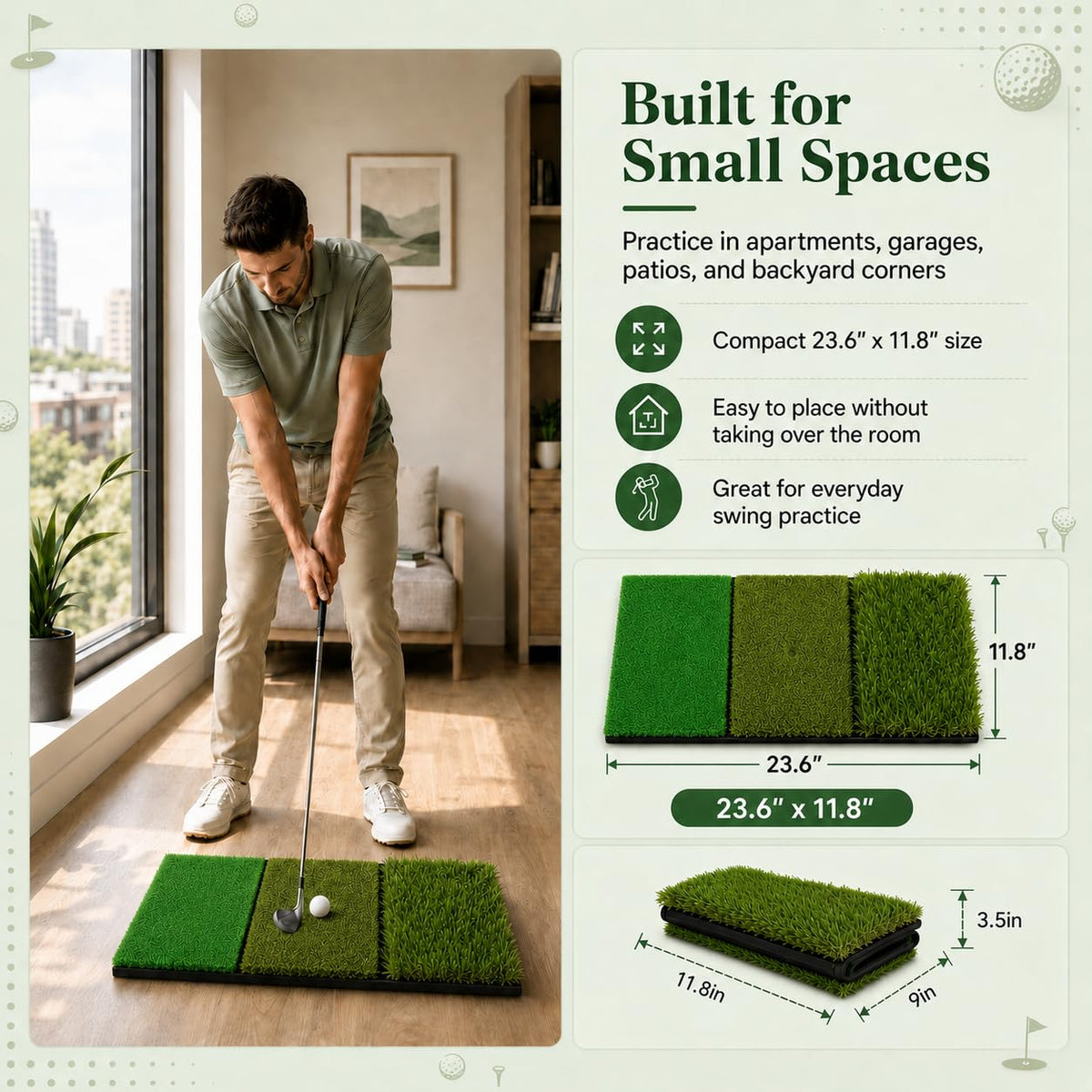 CalmBloom Golf Practice Mat 3-in-1 Turf Golf Hitting Mat for Swing, Putting & Chipping | Portable Golf Training Mat Indoor/Outdoor, Golf Mat with 8 Tees