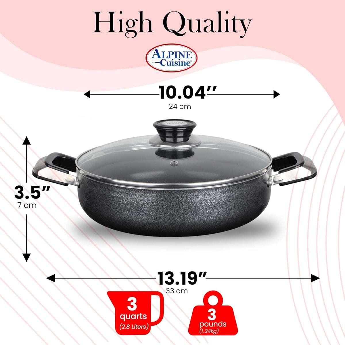 Alpine Cuisine 3 Quart Non-stick Caldero Stock Pot with Tempered Glass Lid and Carrying Handles, Multi-Purpose Cookware Aluminum Dutch Oven for Braising, Boiling, Stewing