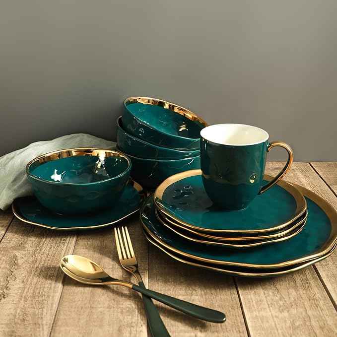 Stone Lain Florian Modern Porcelain 16 Piece Dinnerware Set, Plates and Bowls Set, Dish set for 4, Green and Golden Rim