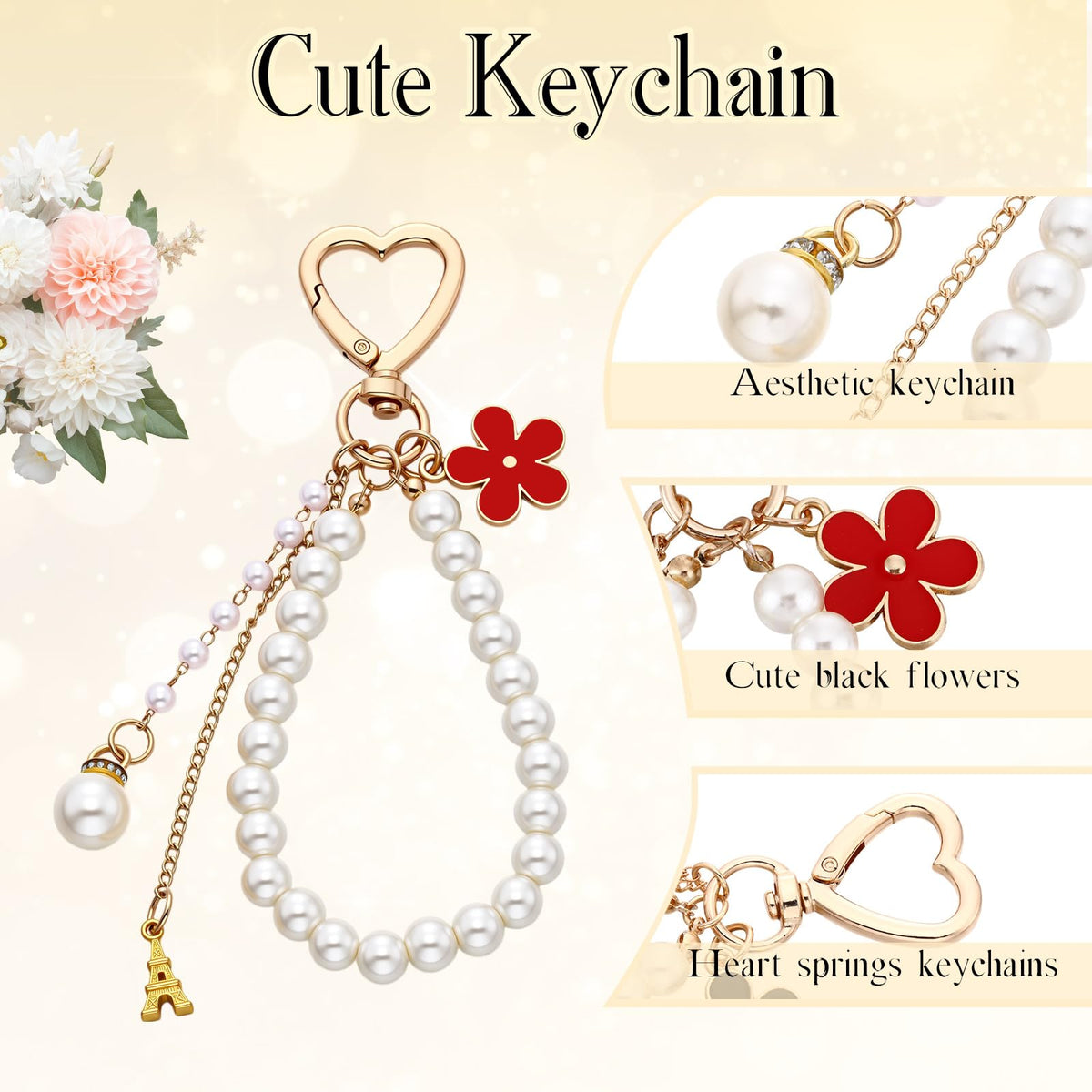 Sureio 5 Pcs Bag Extender Chain Pearl Bow Purse Charm Gold and Red