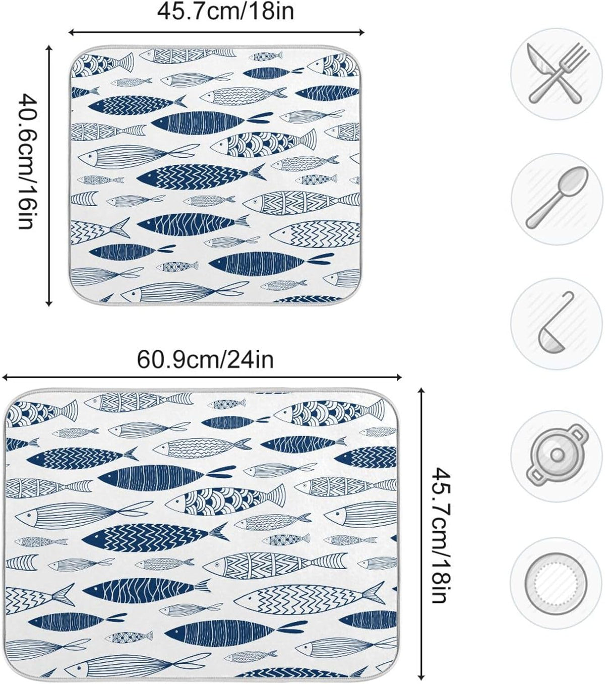 Cartoon Fish Dish Drying Mat for Kitchen Counter Absorbent Microfiber Drying Pad, Medium 16x18 in, Reversible Drainer Mats