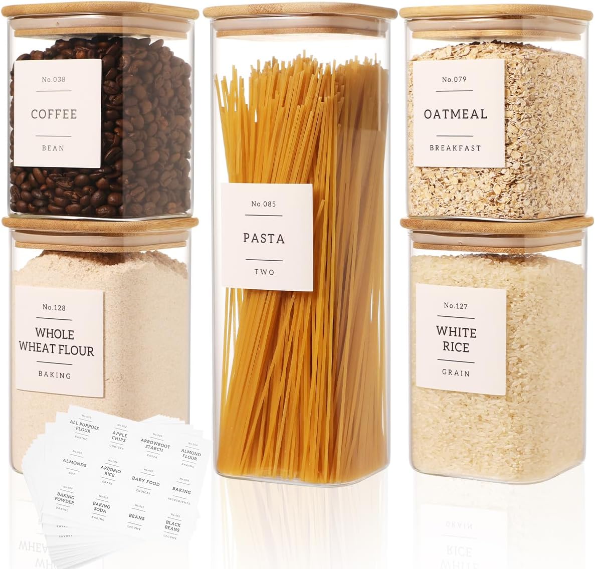 5 Pack Square Glass Pantry Storage Containers with 132 Kitchen Food Pantry Labels - Clear Glass Pantry Jars with Airtight Wood Bamboo Lids - Glass Canisters for Pasta, Cereal, Coffee, Flour, Sugar