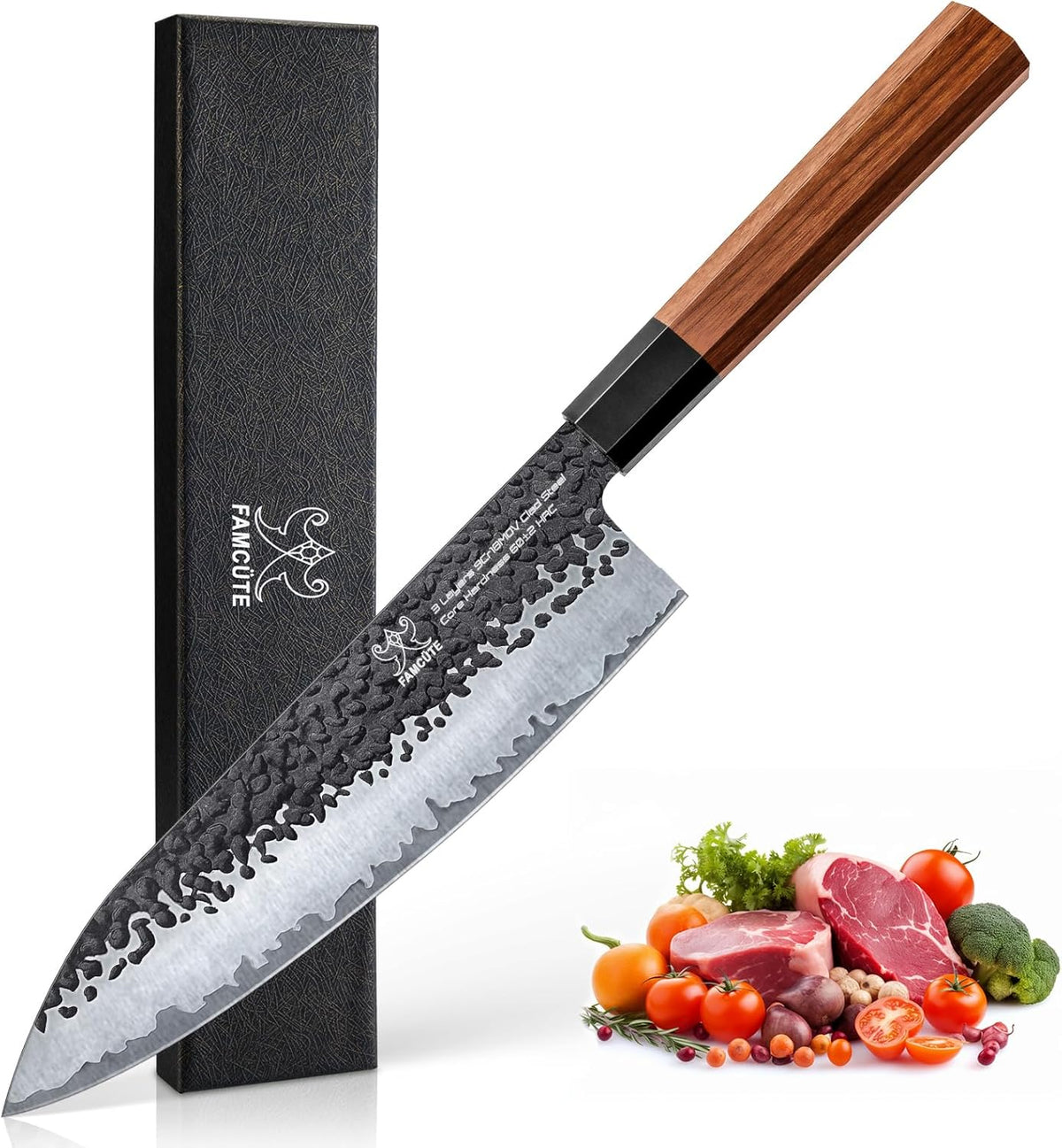 8 Inch Japanese Knife, Hand Forged 5 Layers High Carbon 9CR18MOV Steel Rosewood Handle Chef Knife, Ultra Sharp Durable Professional Kitchen Knife, A Thoughtful Birthday Gifts for Mom/Dad