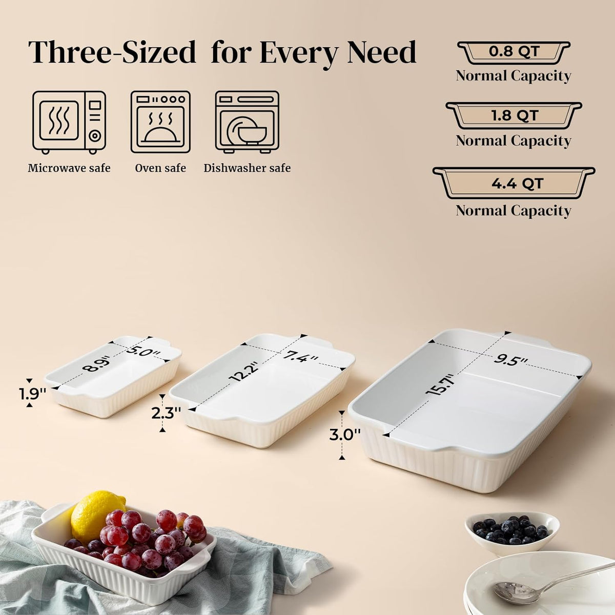 DOWAN Casserole Dishes for Oven, Baking Dishes Set, Ceramic Bakeware Sets of 3, Lasagna Pan Deep, Rectangular Baking Pan Set with Handles for Baking, Casserole, Kitchen, Wedding Gift, Soft White (15.6''/12.2''/8.9'')