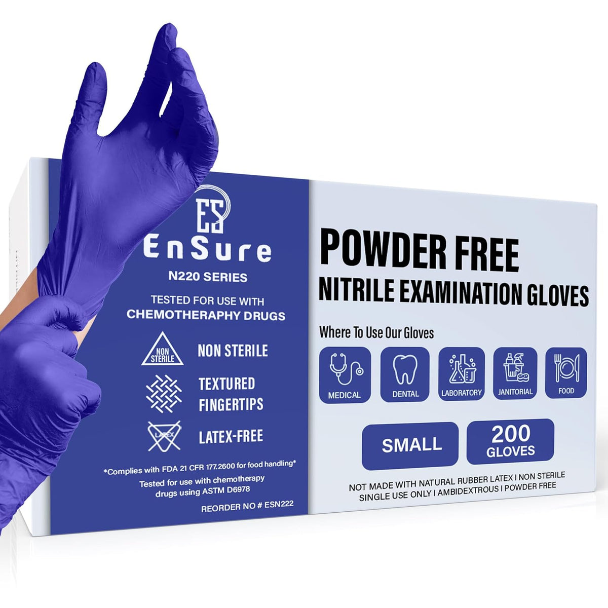 EnSure Nitrile Exam Gloves, Powder-Free, Latex-Free, Chemo Rated, Non-Sterile, Light Duty, Textured Tips, Medical, Surgical, Food Safe, Cleaning, Dental, Lab Use - 3 Mil (Small, 200 Count)