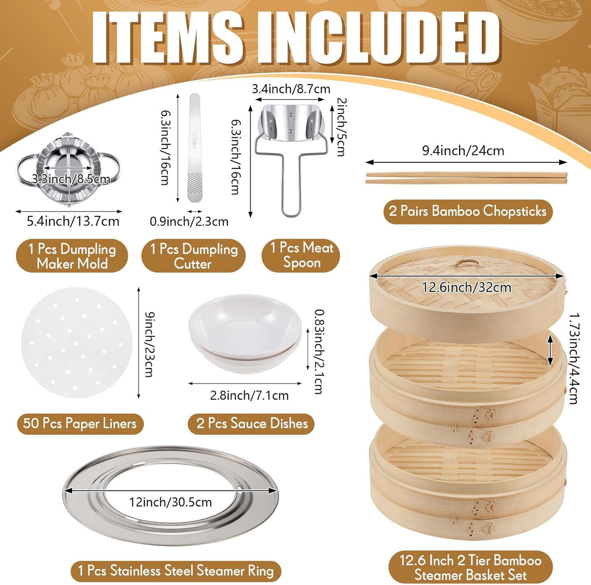 Tessco for you 59 Pcs 2 Tier 12 Inch Bamboo Steamer Basket Set Including Bamboo Steamer Stainless Steel Ring Dumpling Maker Mold and Cutter Spoon 2 Pair Chopsticks 2 Sauce Dish 50 Paper Liners