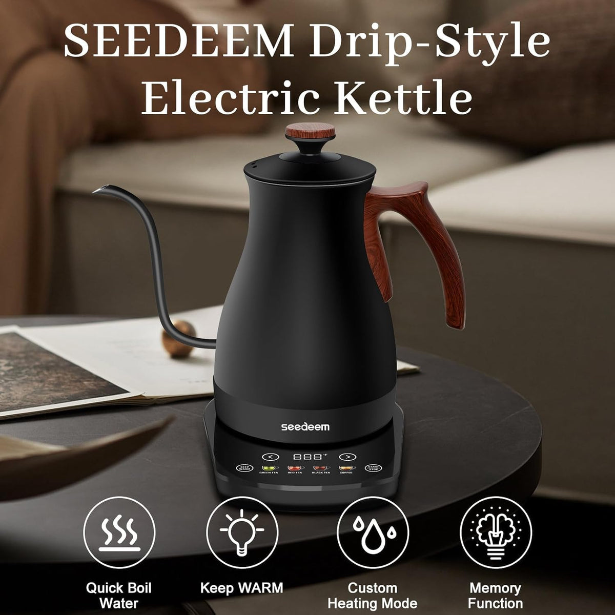 SEEDEEM Gooseneck Electric Kettle, 1L 1200W Touch Screen Pour-Over Kettle with 4 Heating Modes, ±1℉ Temp Control, Keep Warm Function, for Tea & Coffee, Black