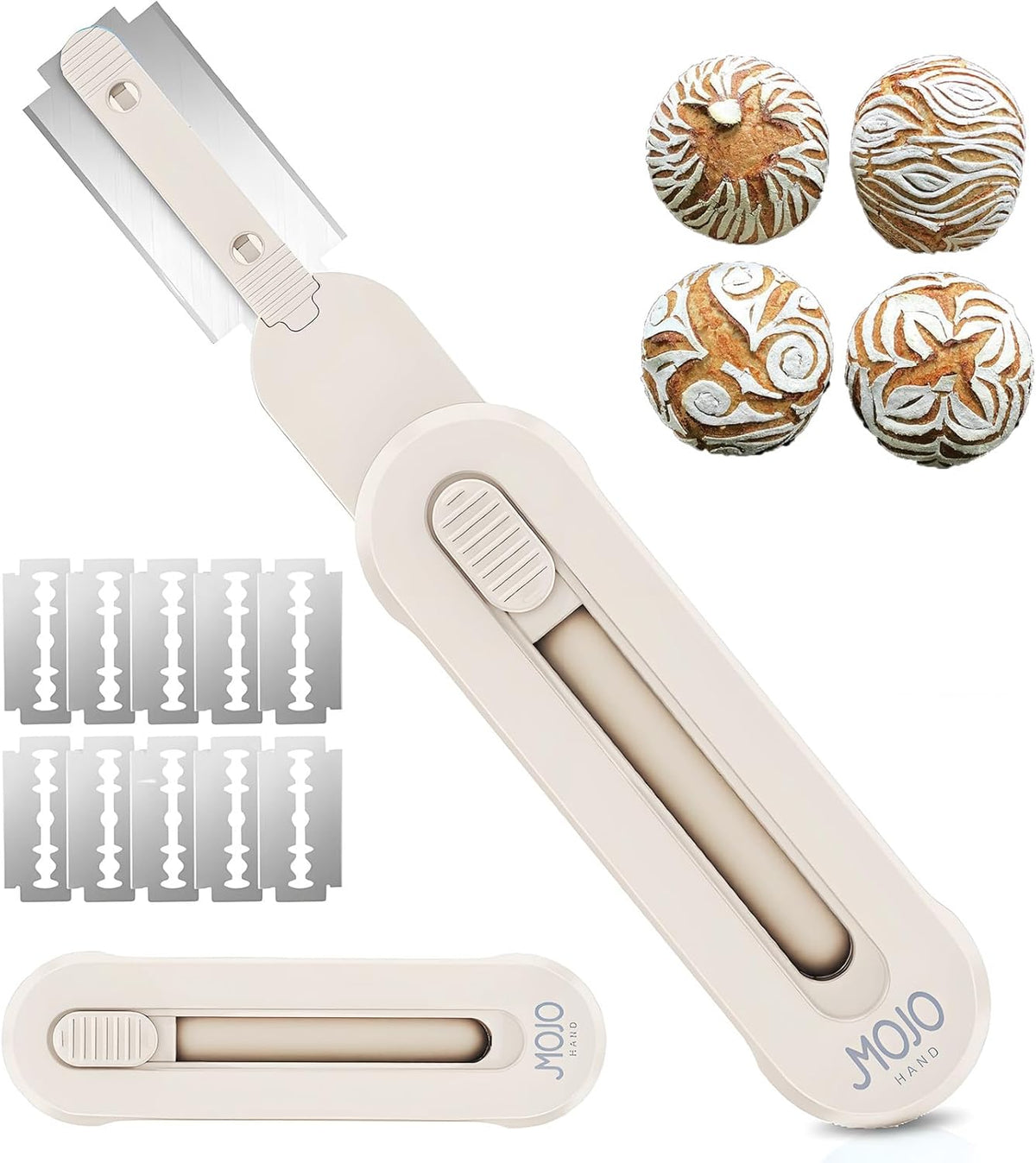 MOJOHAND Bread lame for Dough, Magnetic & Reusable Bread Lame Dough Scoring Tool, Anti-Slip Handle with Long Retractable Razor blades, Sourdough Scoring tool for Bread Making(Off-white)
