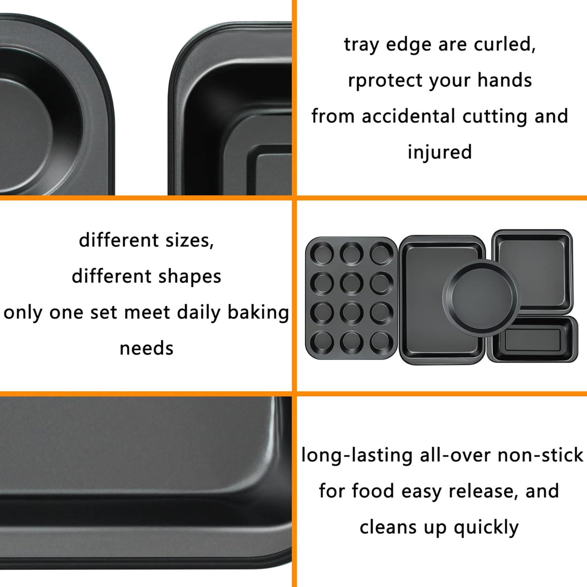 Kitchen 5-Piece Nonstick Bakeware Set - Round/Square Cake Pans, Muffin Pan, Loaf Pan, Roast Pan & Baking Sheets