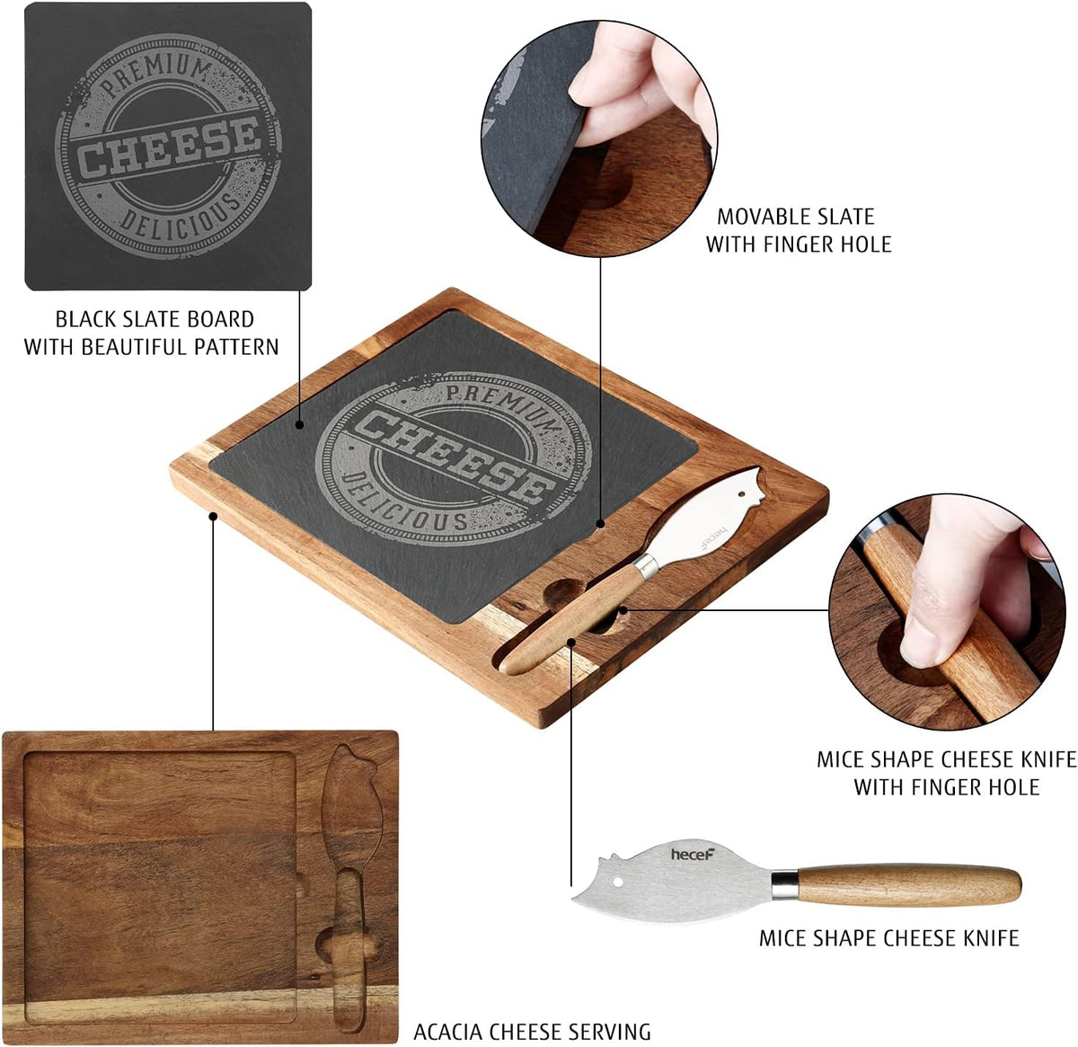 hecef Acacia Wood Cheese Board Set with Black Slate & Cheese knife, Wooden Charcuterie Platter & Serving Tray for Cheese, Crackers and Meat