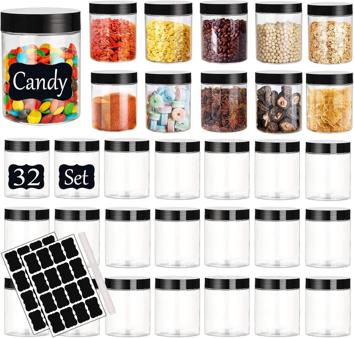 Plastic Jars with Lids Empty Slime Cosmetics Containers Clear Gift Food Jars Round PET Cream Jar with Black Lids Pen Labels for Kitchen Storage Spices Dry Food Body Butter Making(8OZ 32PCS)