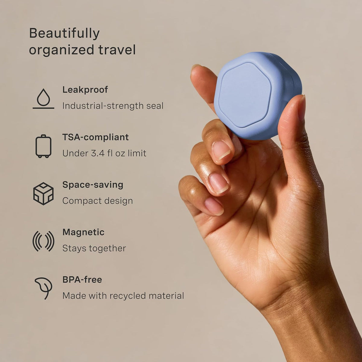 Cadence Travel Containers Basic Skincare Set - Magnetic Containers with Lids,Carry On Travel Essentials For Women/Men - 3 Small Capsules (0.56oz) - Cleanser, Moisturizer & Sun-Icon Labels - Pacific