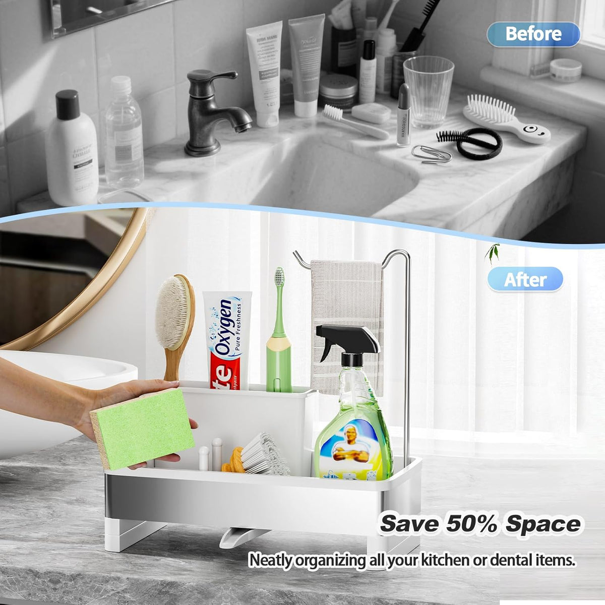 Stainless Steel Sink Caddy, Sponge Holder for Kitchen Sink with Brush Holder & Dishcloth Rack, Rustproof Sink Organizer Countertop, Kitchen Organizers Storage Essentials (D-Black)